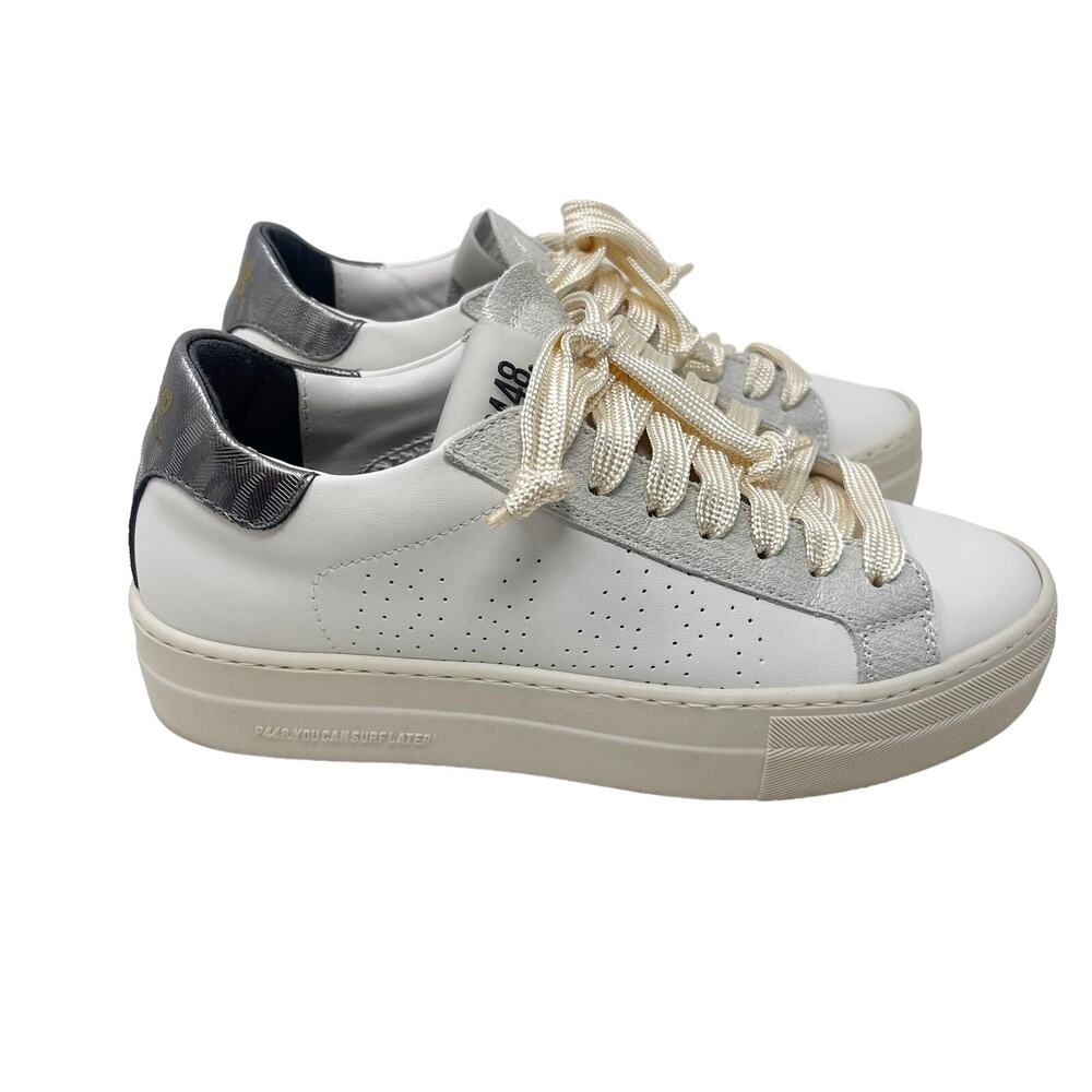 P448 Womens EU 36 White Thea Chalk Leather Sneaker Silvery Accent Contrast Italy